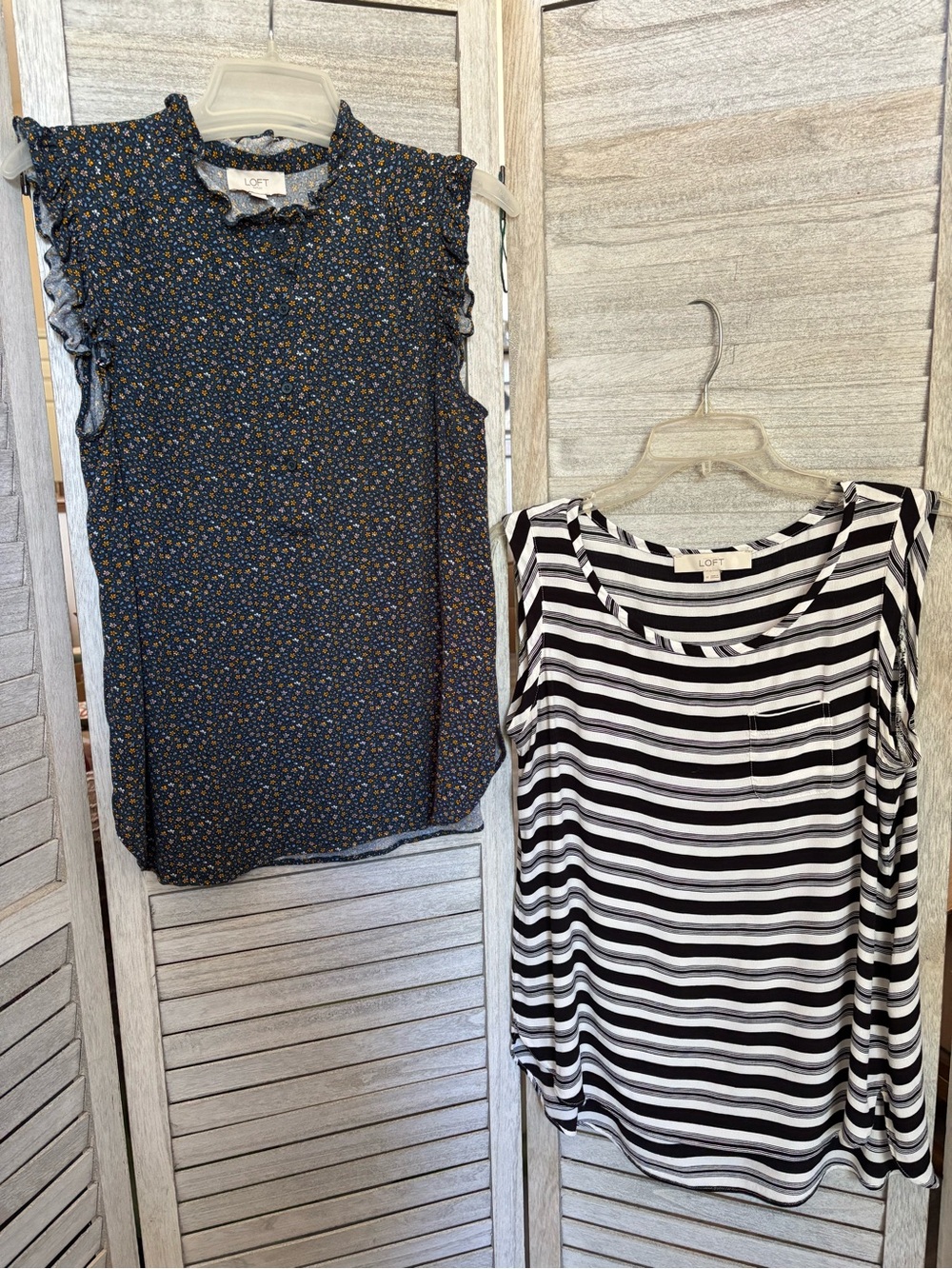 SET OF 2 LOFT SZM Women’s Sleeveless Blouses Blue Ditsy & Black & White Striped